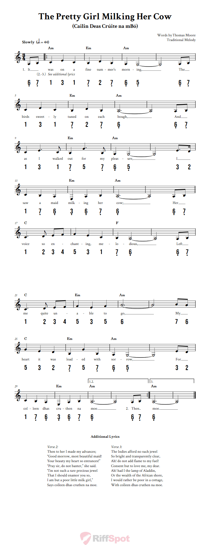The Pretty Girl Milking Her Cow 15-Note Tongue Drum Sheet Music