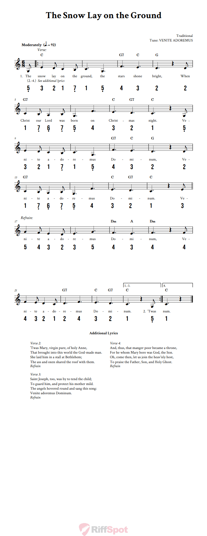 The Snow Lay on the Ground 15-Note Tongue Drum Sheet Music