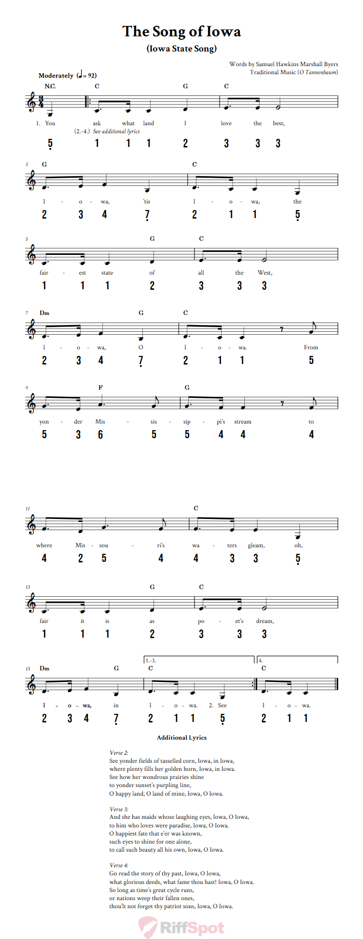 The Song of Iowa 15-Note Tongue Drum Sheet Music