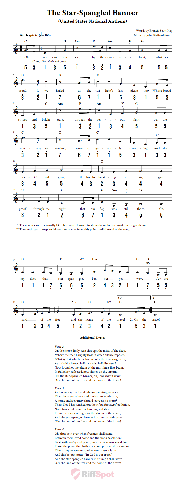 The Star-Spangled Banner 15-Note Tongue Drum Sheet Music