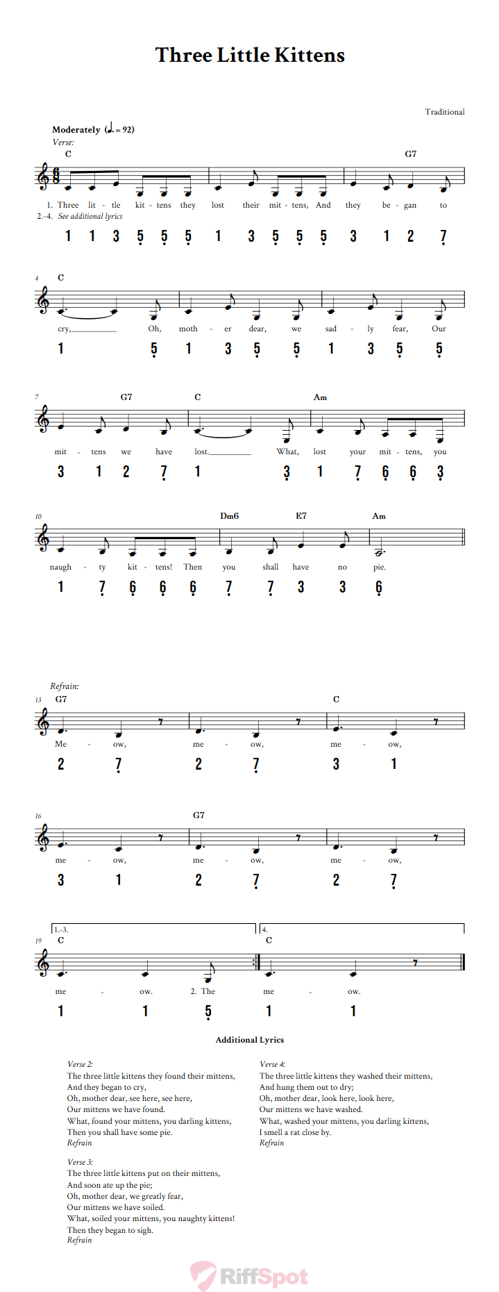Three Little Kittens 15-Note Tongue Drum Sheet Music