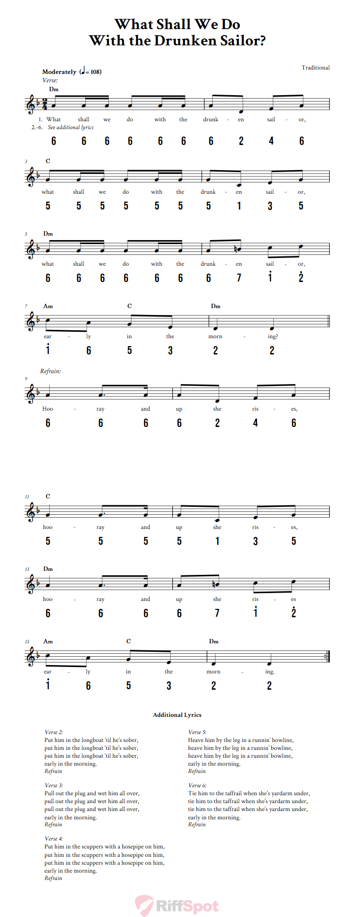 What Shall We Do With the Drunken Sailor? 15-Note Tongue Drum Sheet Music