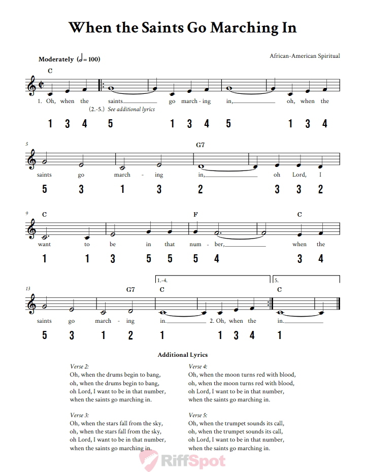 When the Saints Go Marching In 15-Note Tongue Drum Sheet Music