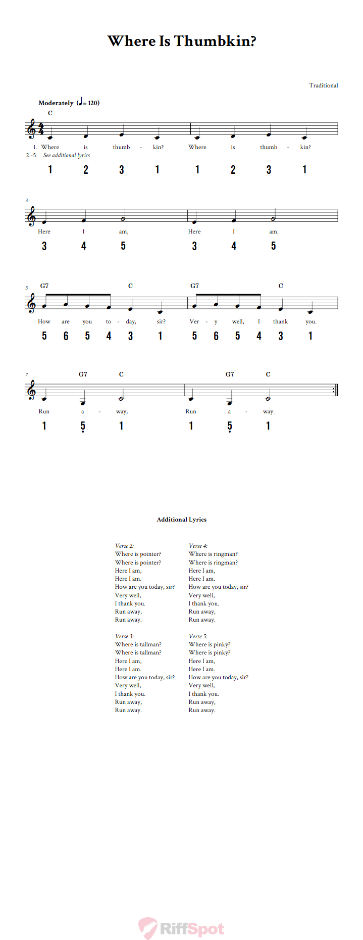 Where Is Thumbkin? 15-Note Tongue Drum Sheet Music