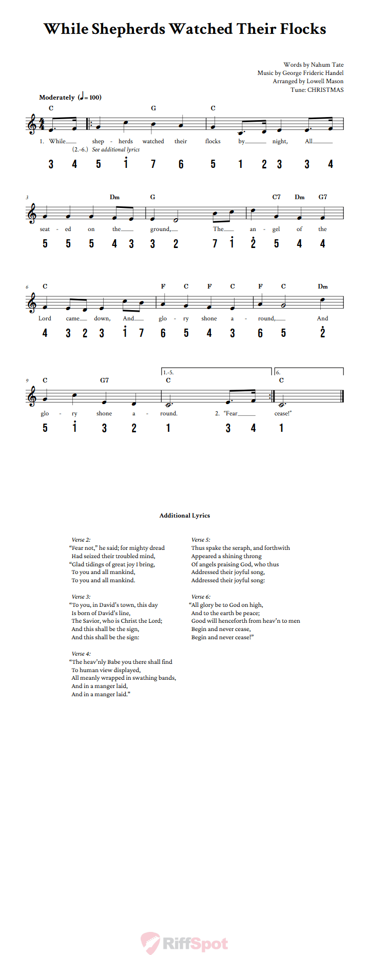 While Shepherds Watched Their Flocks 15-Note Tongue Drum Sheet Music