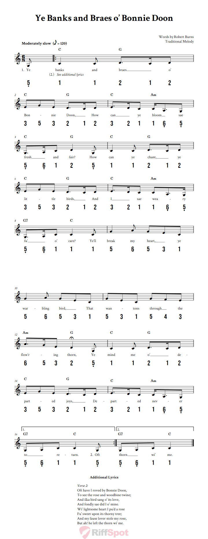 Ye Banks And Braes o' Bonnie Doon 15-Note Tongue Drum Sheet Music