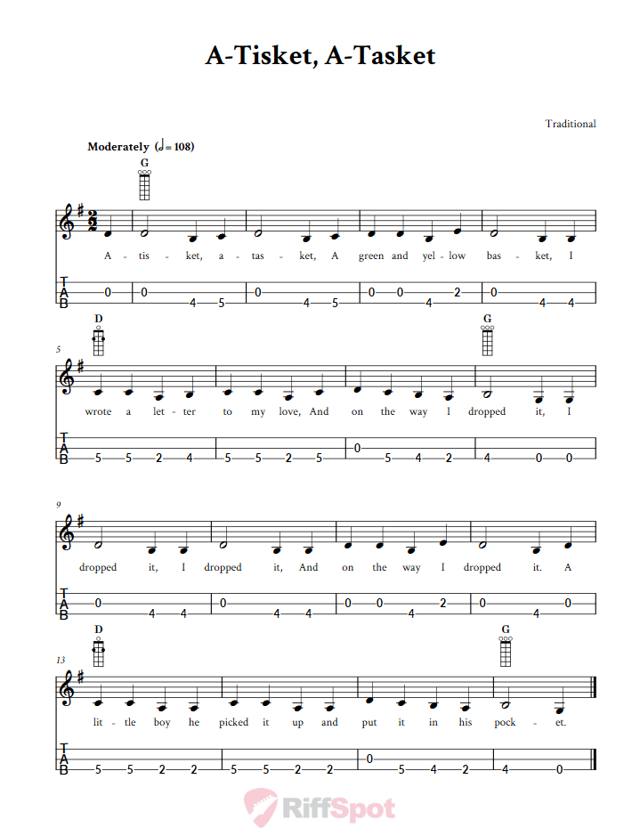 A-Tisket, A-Tasket 3-String Cigar Box Guitar Tab