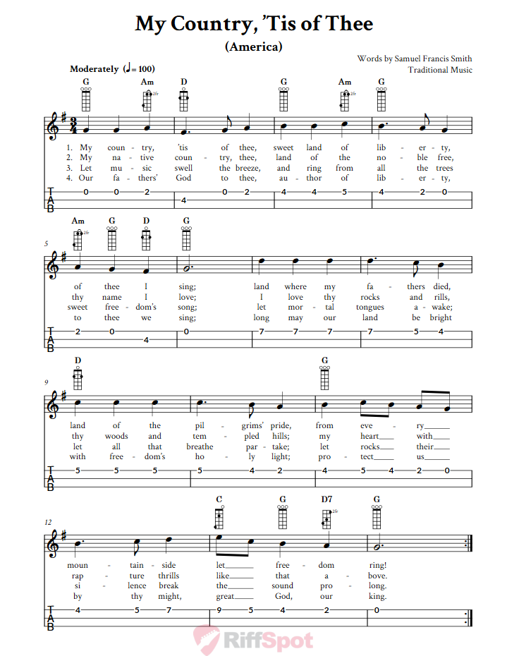 My Country, 'Tis of Thee 3-String Cigar Box Guitar Tab