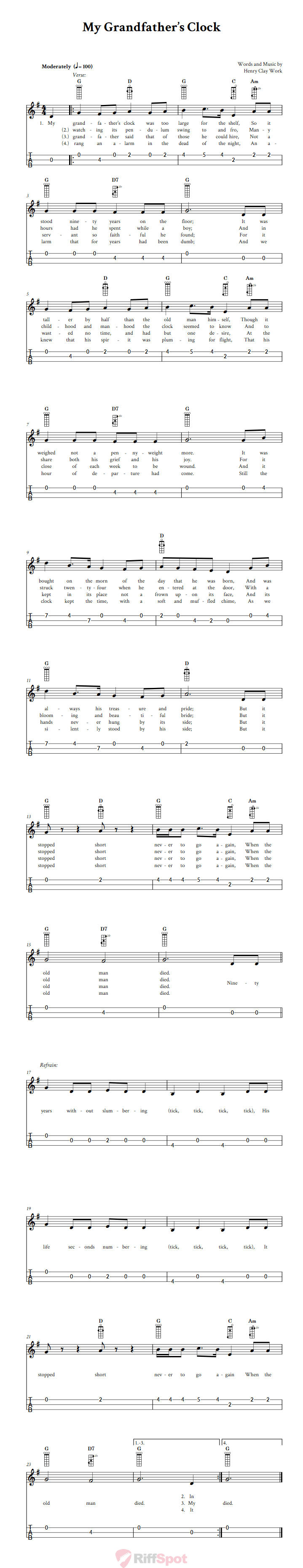My Grandfather's Clock 3-String Cigar Box Guitar Tab