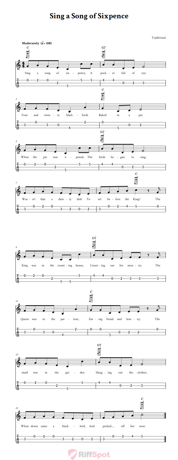 Sing a Song of Sixpence 3-String Cigar Box Guitar Tab