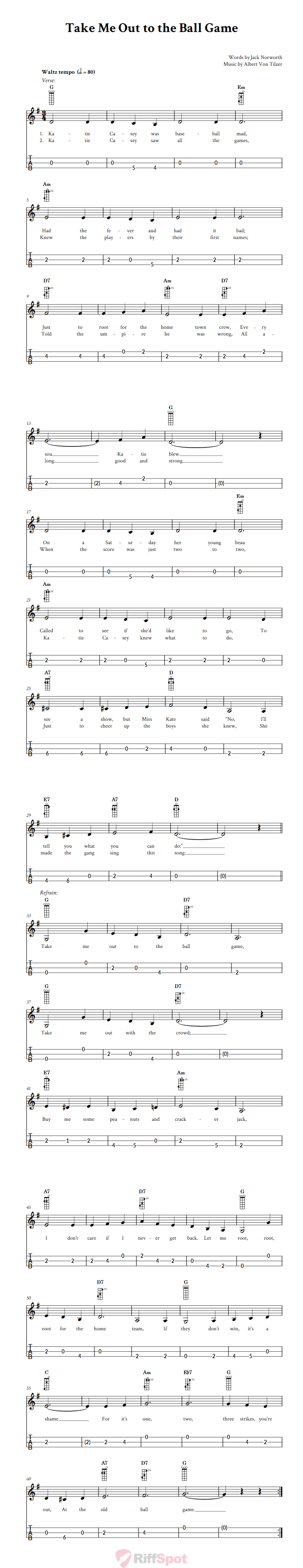 Take Me Out to the Ball Game 3-String Cigar Box Guitar Tab