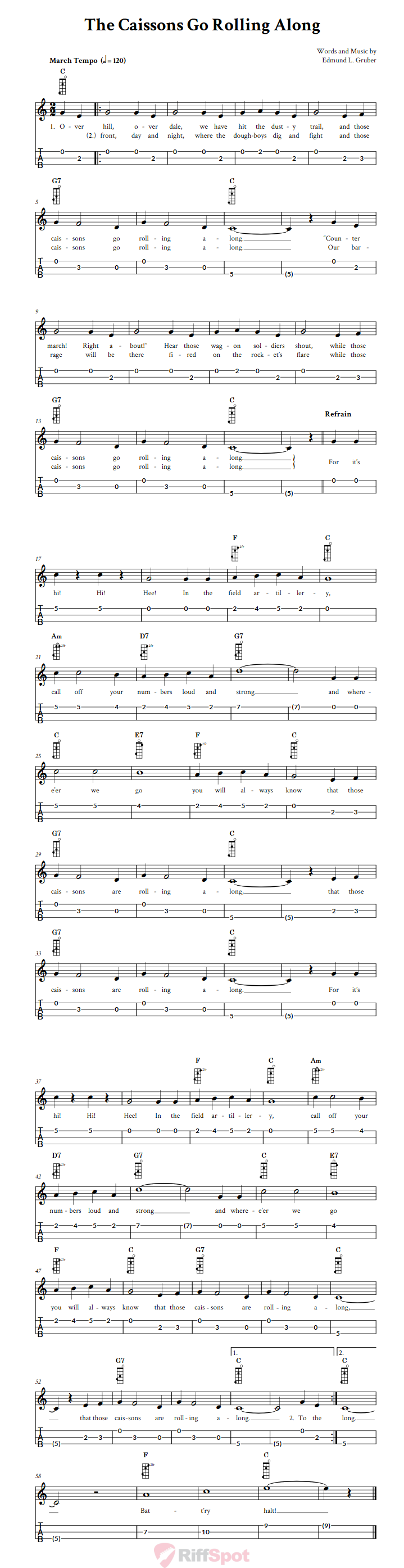 The Caissons Go Rolling Along 3-String Cigar Box Guitar Tab