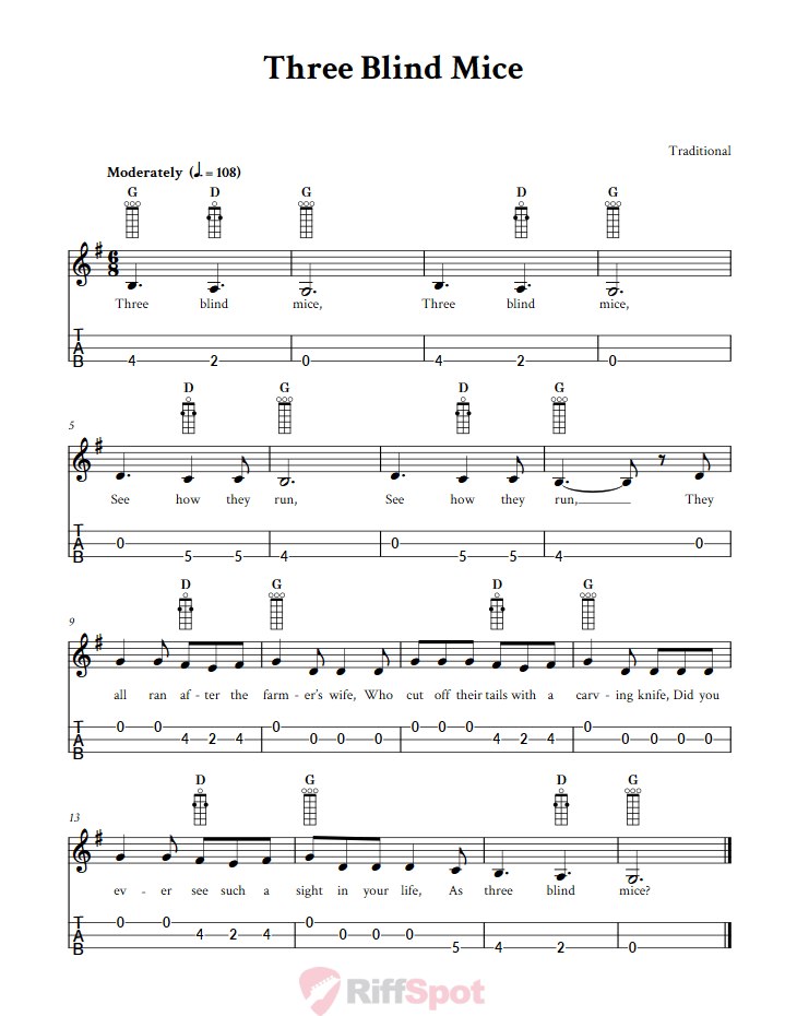 Three Blind Mice 3-String Cigar Box Guitar Tab