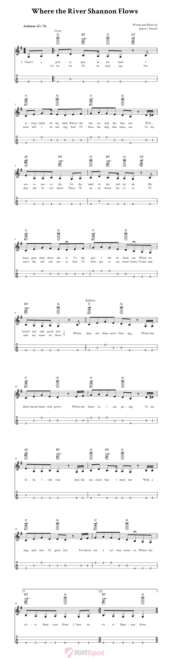 Where the River Shannon Flows 3-String Cigar Box Guitar Tab