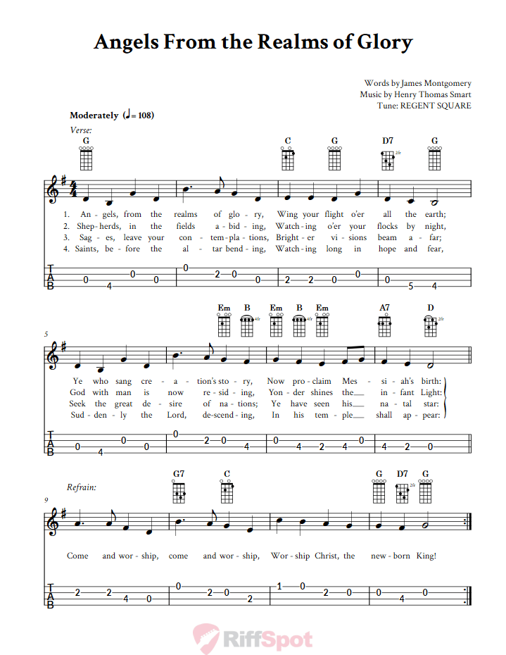 Angels From the Realms of Glory 4-String Cigar Box Guitar Tab