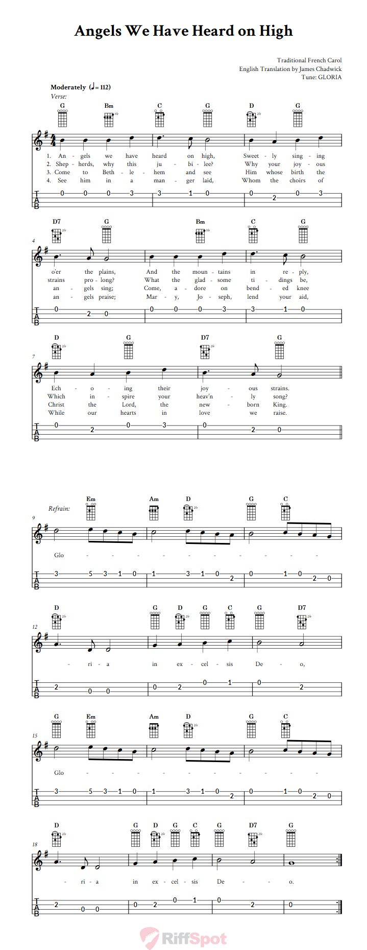 Angels We Have Heard on High 4-String Cigar Box Guitar Tab