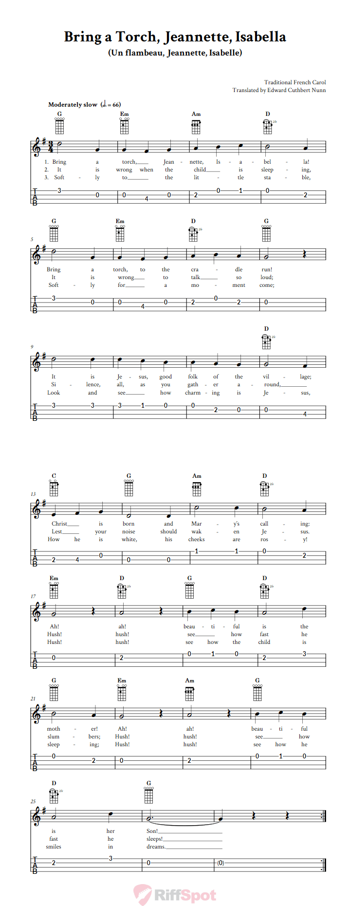 Bring a Torch, Jeannette, Isabella 4-String Cigar Box Guitar Tab