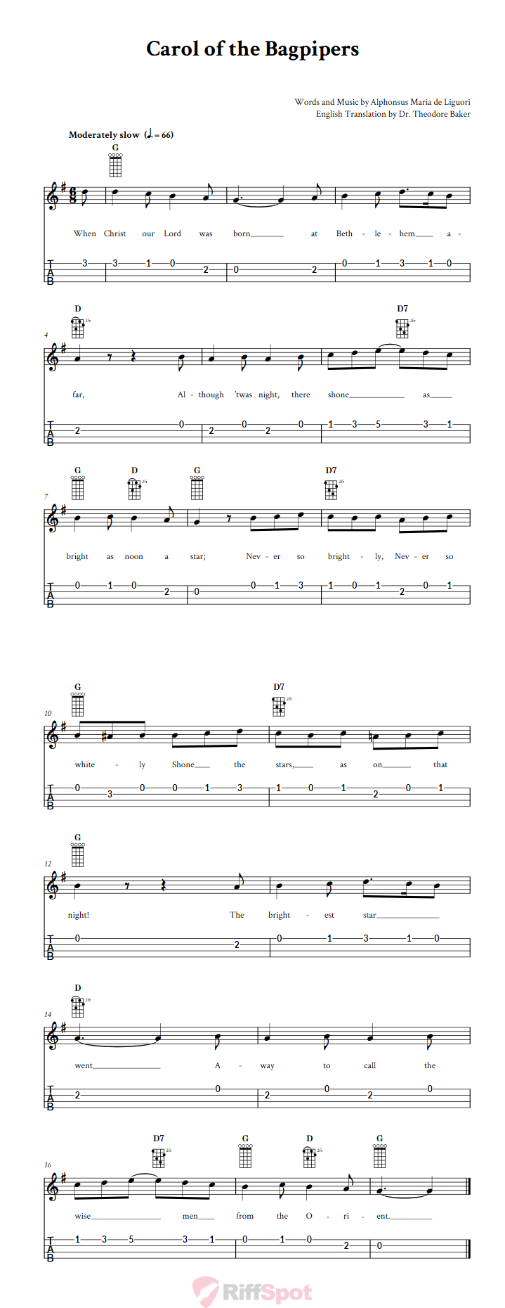 Carol of the Bagpipers 4-String Cigar Box Guitar Tab
