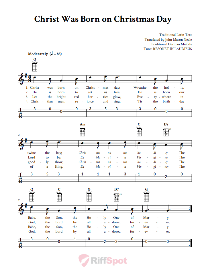 Christ Was Born on Christmas Day 4-String Cigar Box Guitar Tab