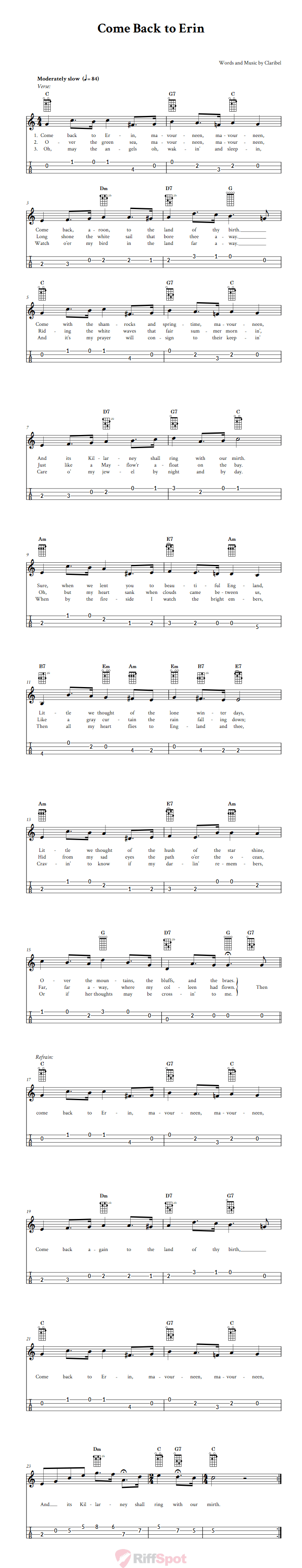 Come Back to Erin 4-String Cigar Box Guitar Tab
