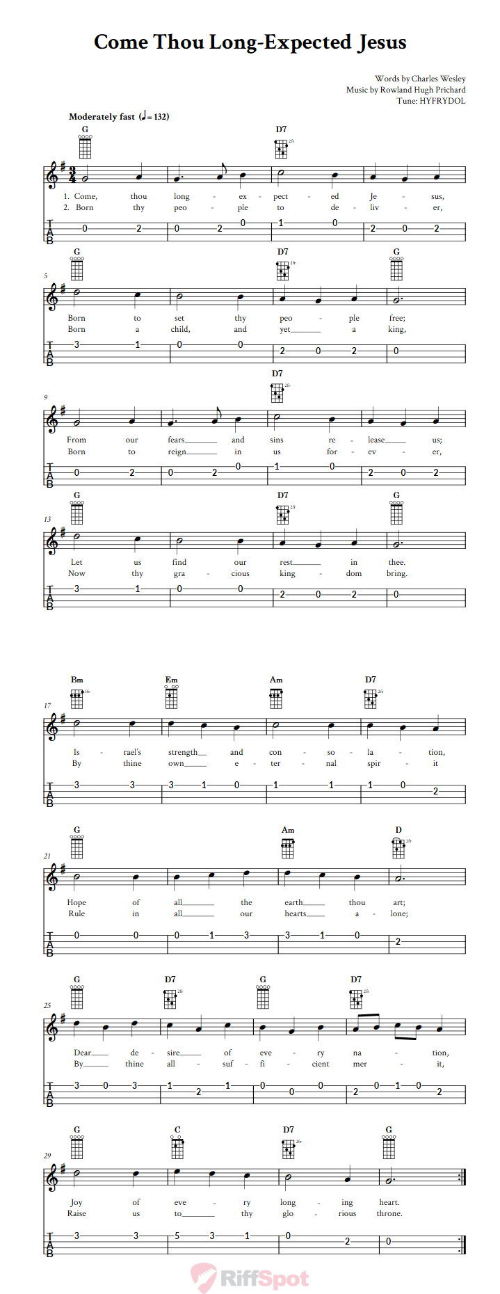 Come Thou Long-Expected Jesus 4-String Cigar Box Guitar Tab
