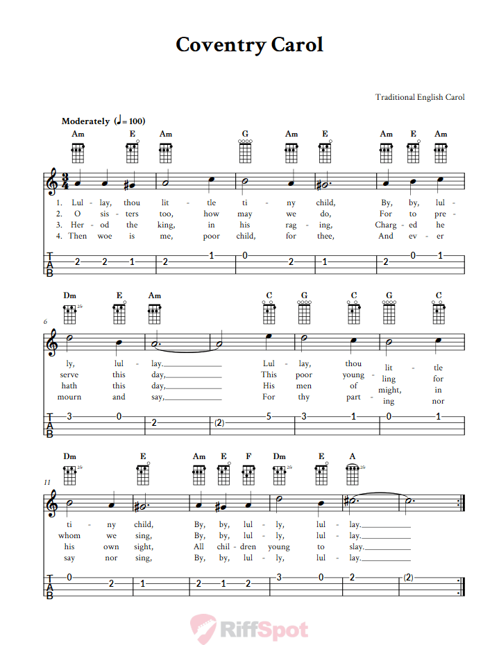 Coventry Carol 4-String Cigar Box Guitar Tab