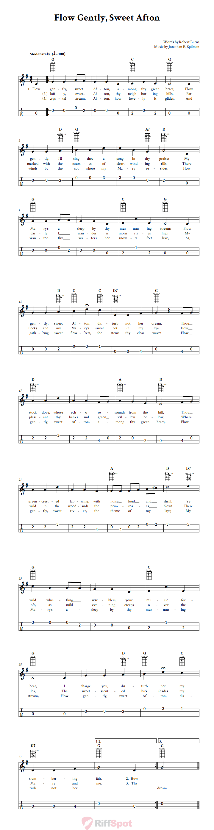 Flow Gently, Sweet Afton 4-String Cigar Box Guitar Tab