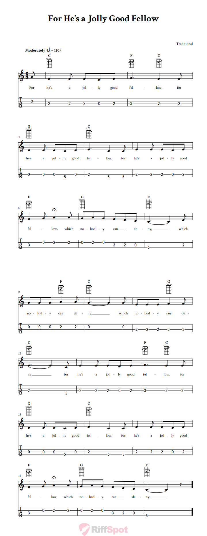 For He's a Jolly Good Fellow 4-String Cigar Box Guitar Tab