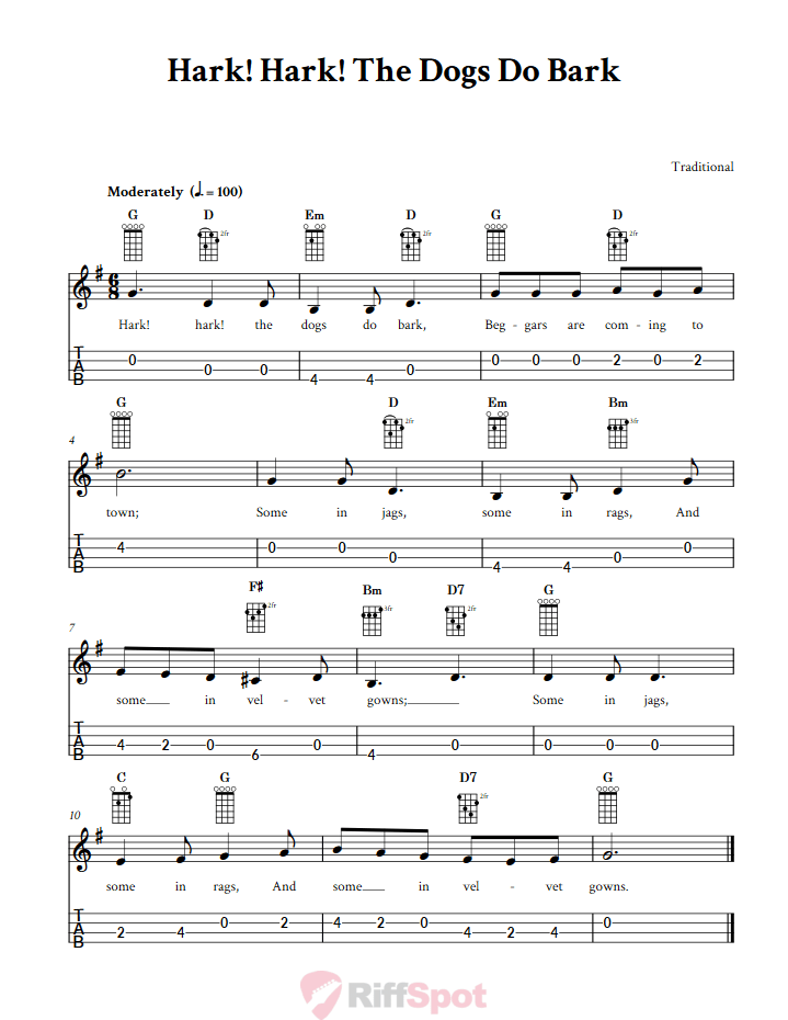 Hark, Hark! the Dogs Do Bark 4-String Cigar Box Guitar Tab
