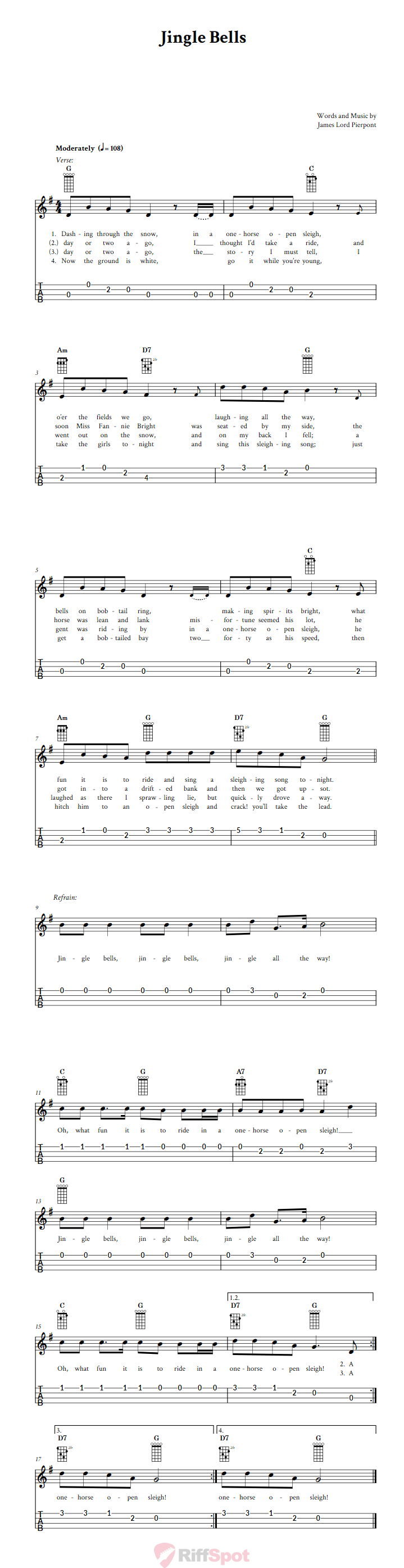 Jingle Bells 4-String Cigar Box Guitar Tab