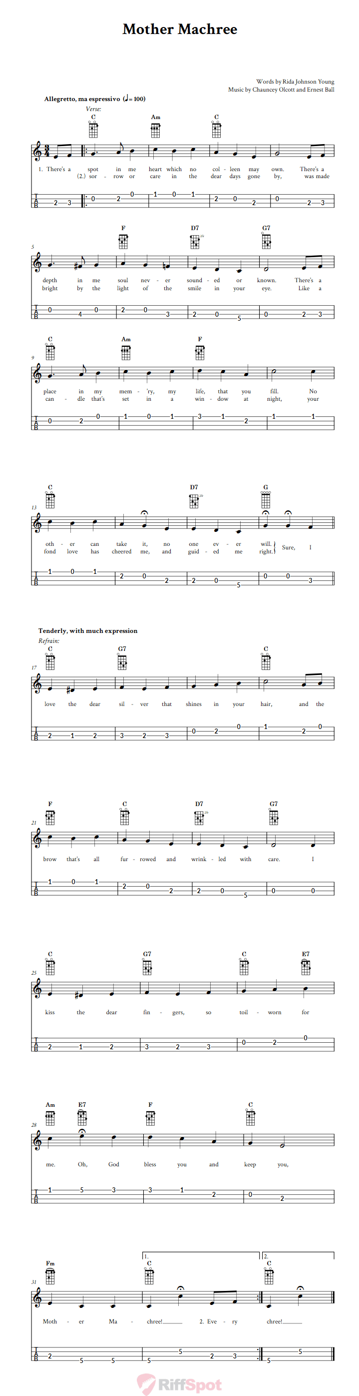 Mother Machree 4-String Cigar Box Guitar Tab