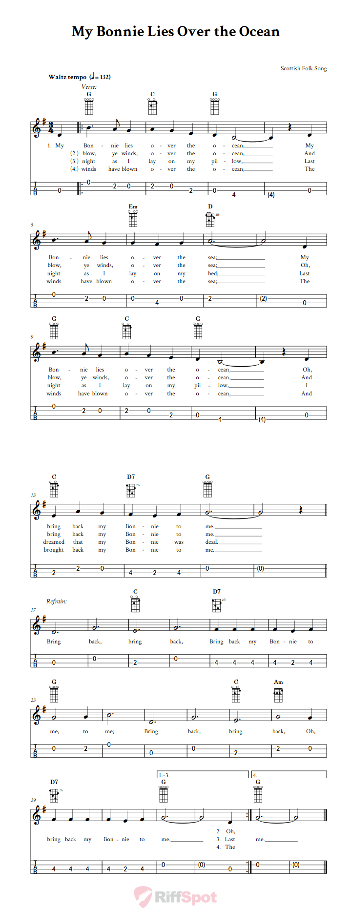 My Bonnie Lies Over the Ocean 4-String Cigar Box Guitar Tab