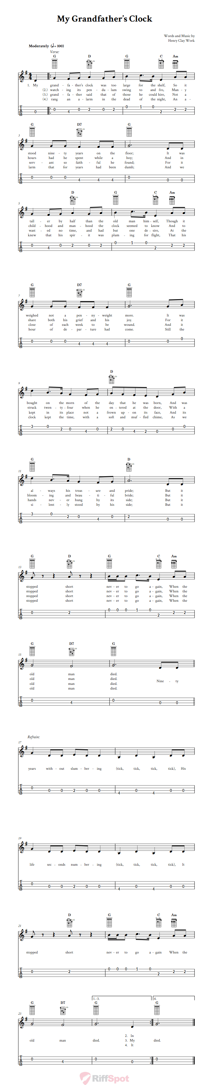 My Grandfather's Clock 4-String Cigar Box Guitar Tab
