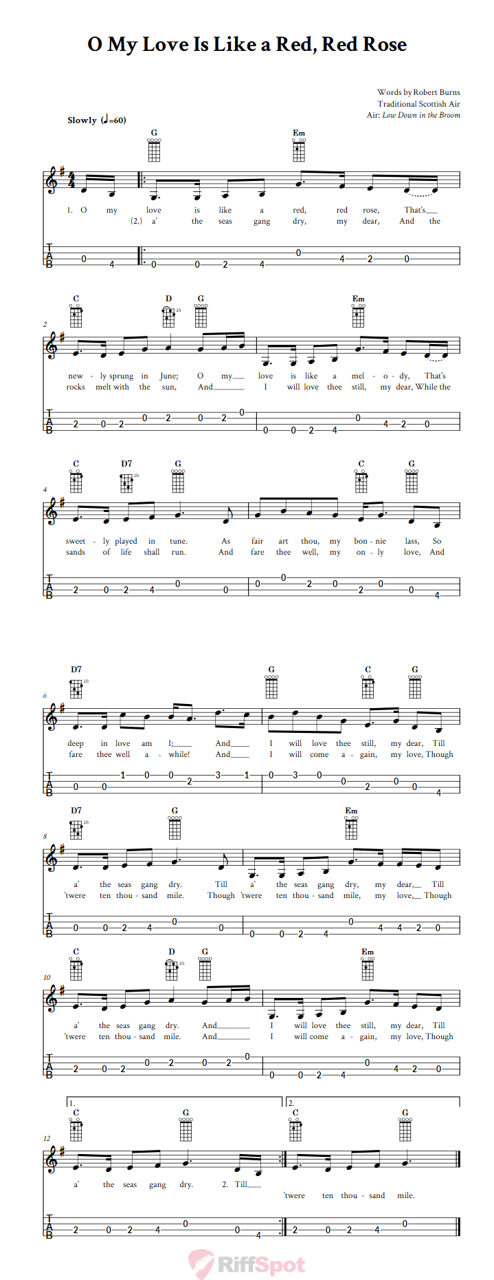 O My Love Is Like a Red, Red Rose 4-String Cigar Box Guitar Tab