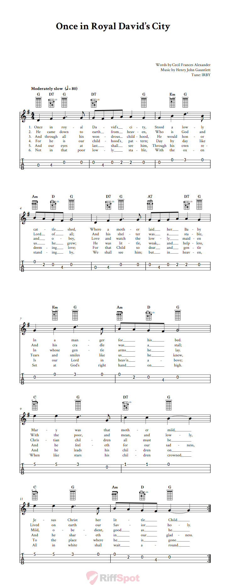 Once in Royal David's City 4-String Cigar Box Guitar Tab