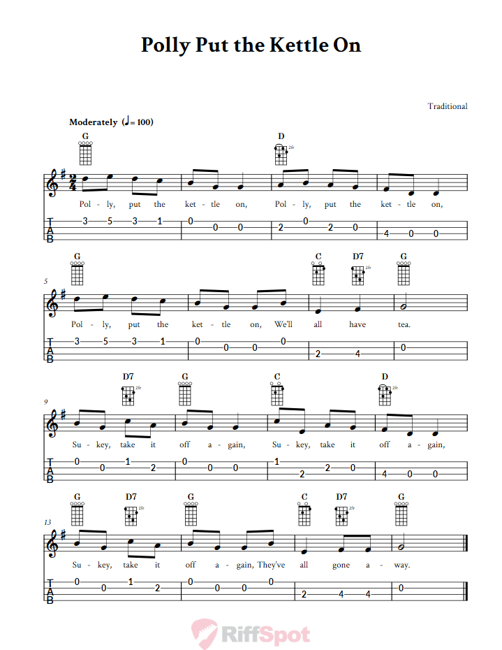 Polly Put the Kettle On 4-String Cigar Box Guitar Tab