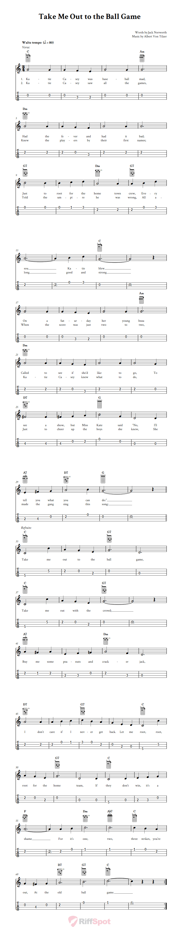 Take Me Out to the Ball Game 4-String Cigar Box Guitar Tab
