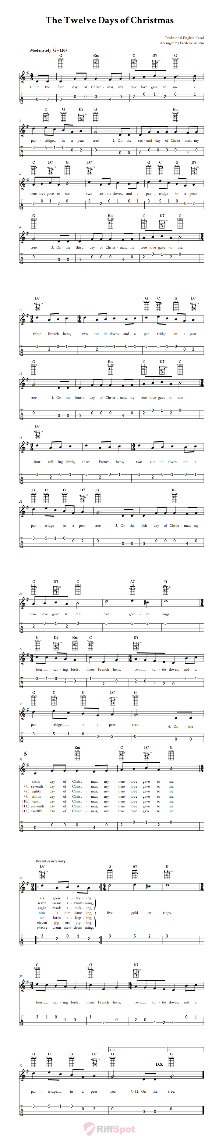 The Twelve Days of Christmas 4-String Cigar Box Guitar Tab