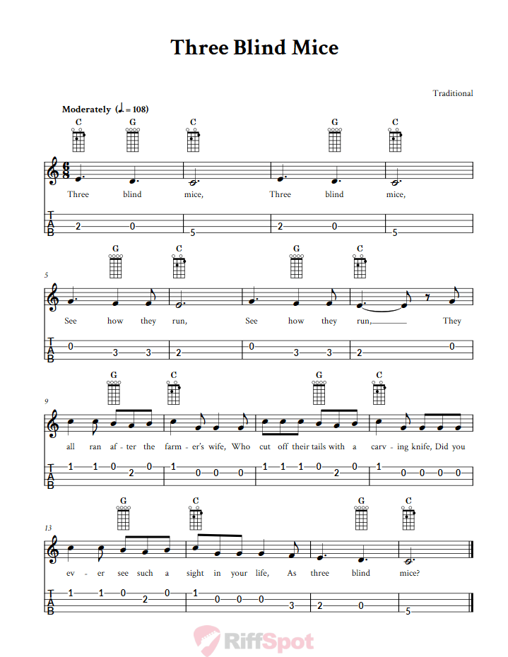 Three Blind Mice 4-String Cigar Box Guitar Tab
