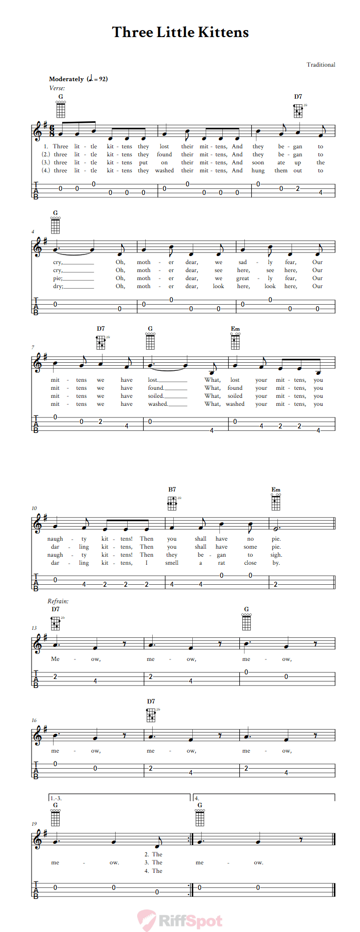 Three Little Kittens 4-String Cigar Box Guitar Tab