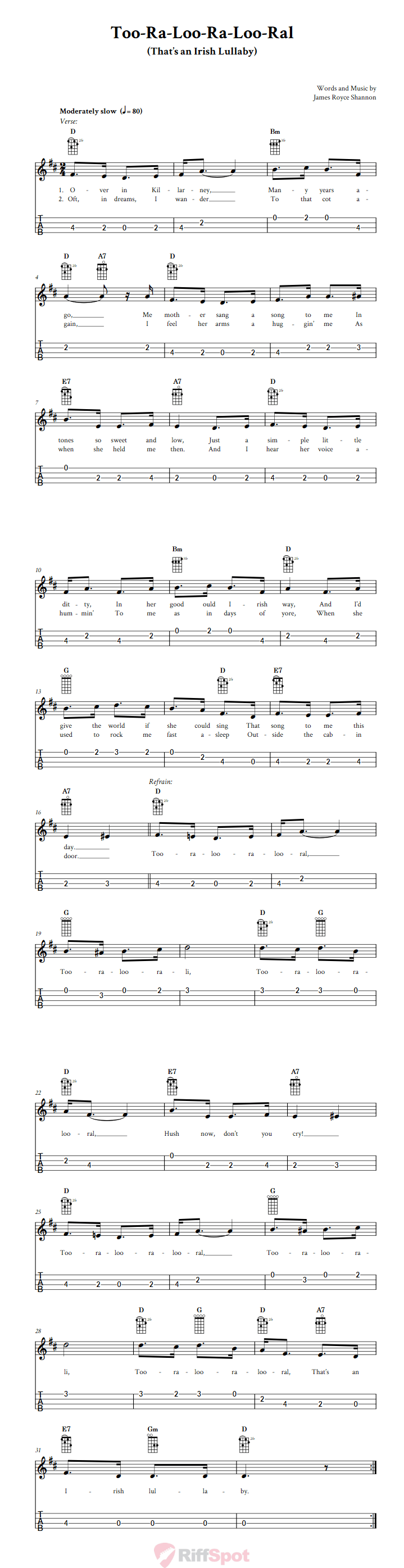 Too-Ra-Loo-Ra-Loo-Ral (That's an Irish Lullaby) 4-String Cigar Box Guitar Tab