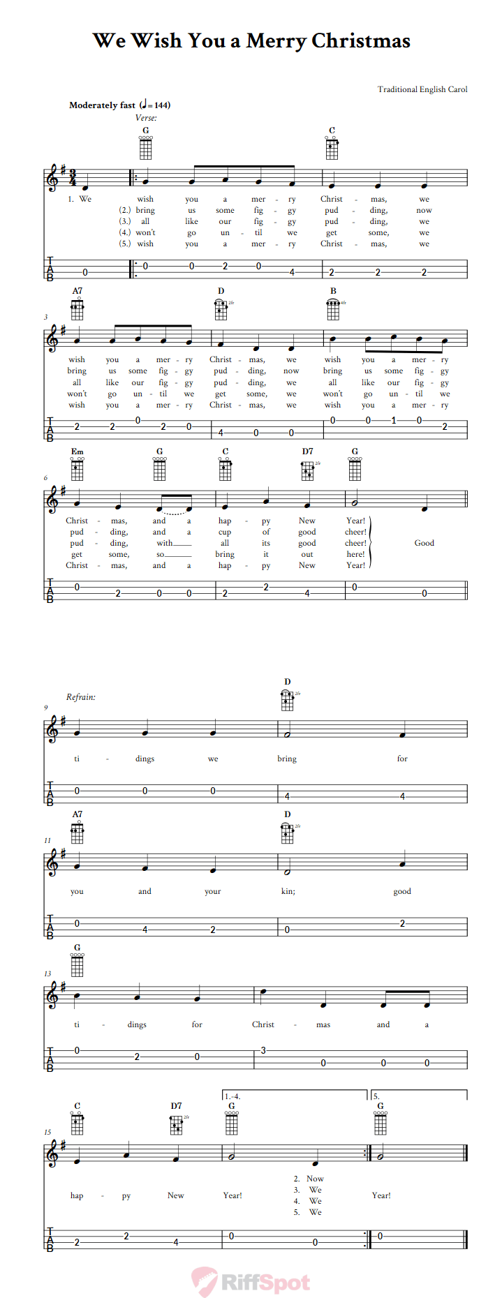 We Wish You a Merry Christmas 4-String Cigar Box Guitar Tab