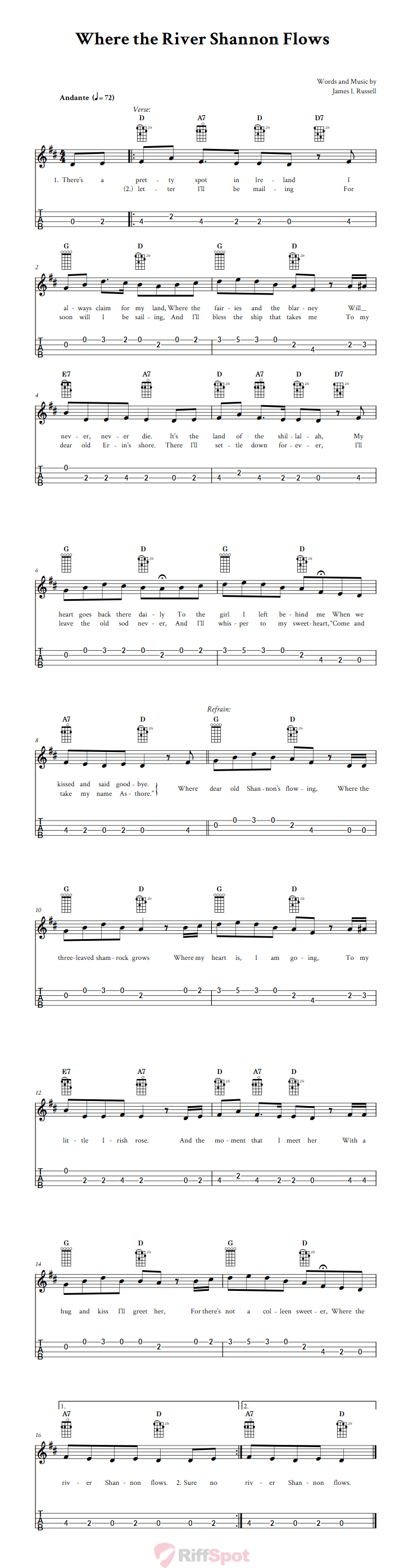 Where the River Shannon Flows 4-String Cigar Box Guitar Tab