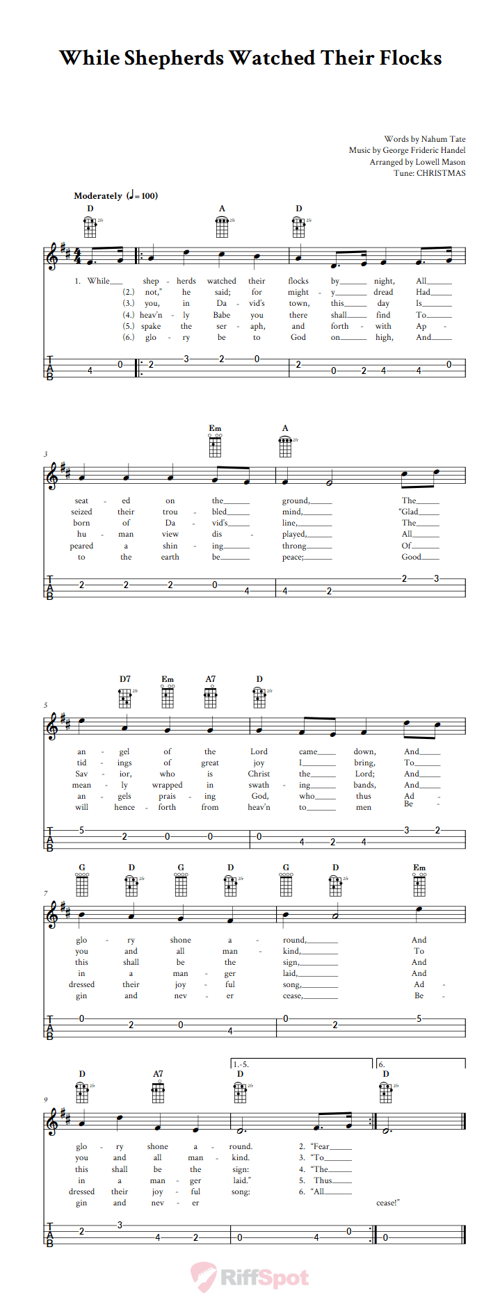 While Shepherds Watched Their Flocks 4-String Cigar Box Guitar Tab