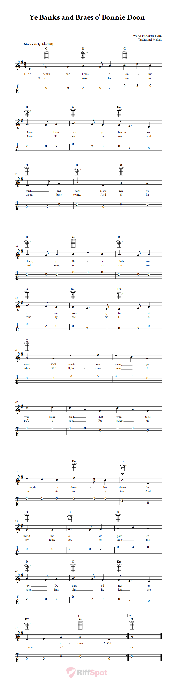 Ye Banks And Braes o' Bonnie Doon 4-String Cigar Box Guitar Tab