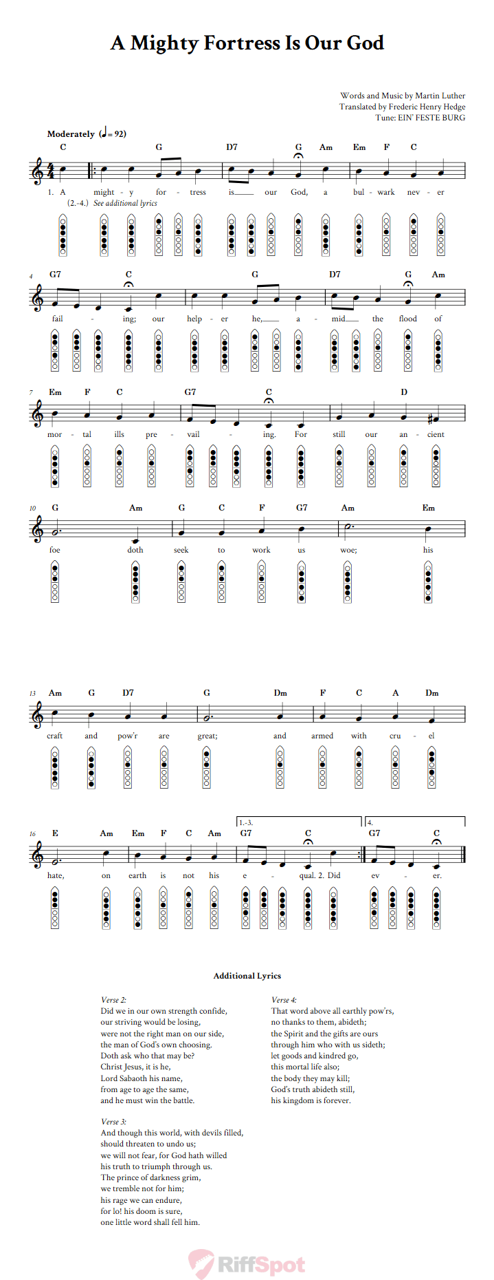 A Mighty Fortress Is Our God 6-Hole Native American Flute Sheet Music and Tab (Fingering Diagrams)