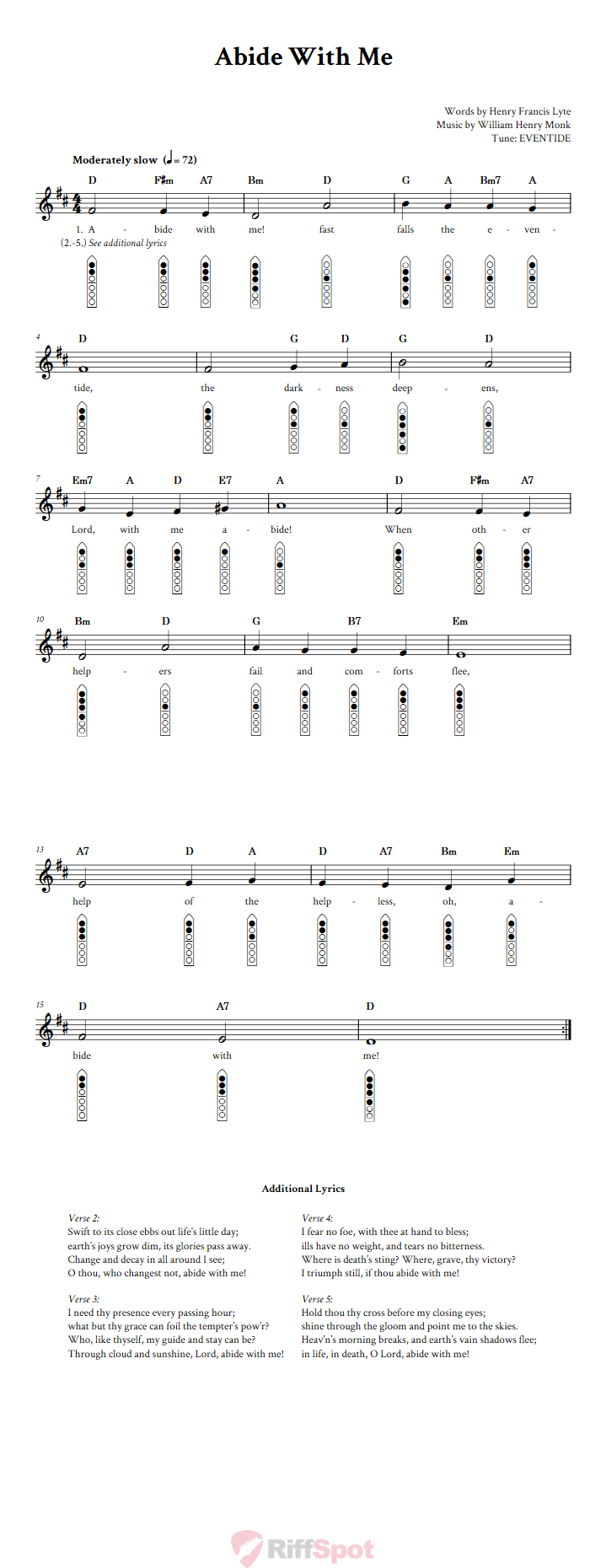 Abide with Me 6-Hole Native American Flute Sheet Music and Tab (Fingering Diagrams)