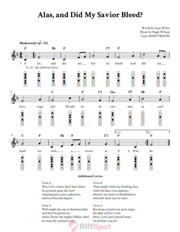 Alas, and Did My Savior Bleed 6-Hole Native American Flute Sheet Music and Tab (Fingering Diagrams)