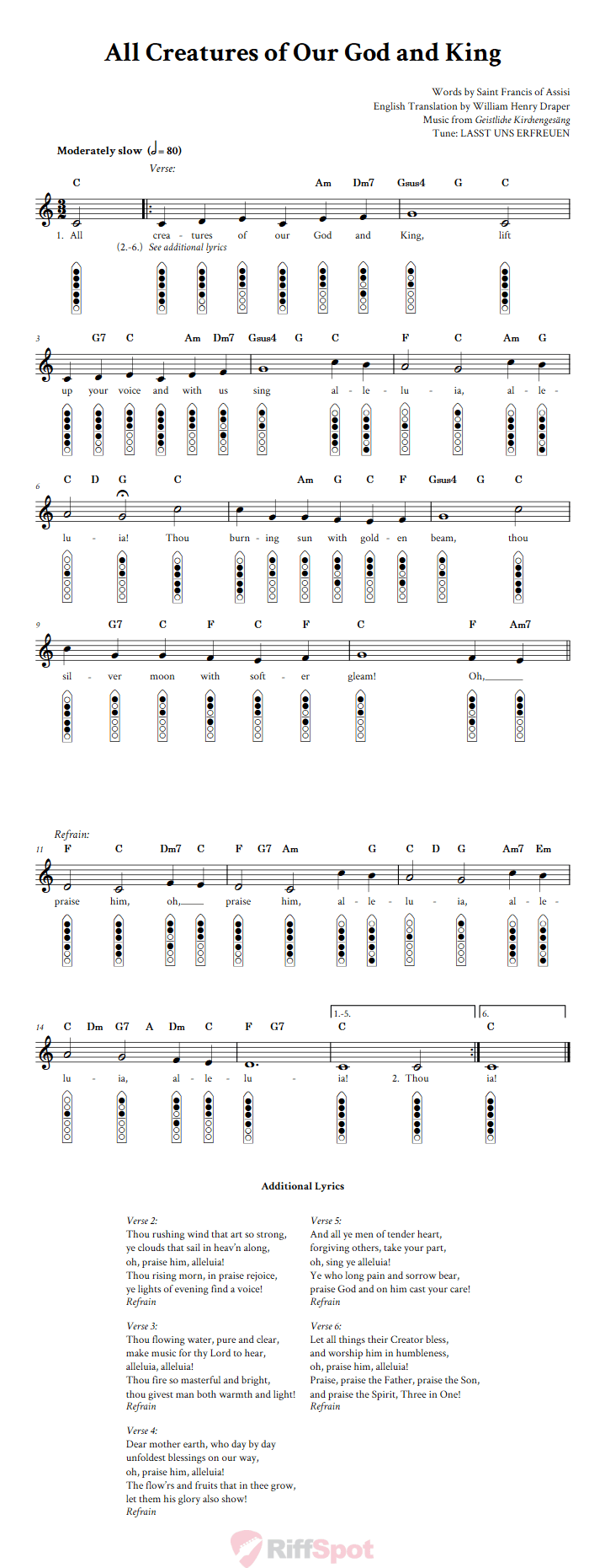 All Creatures of Our God and King 6-Hole Native American Flute Sheet Music and Tab (Fingering Diagrams)