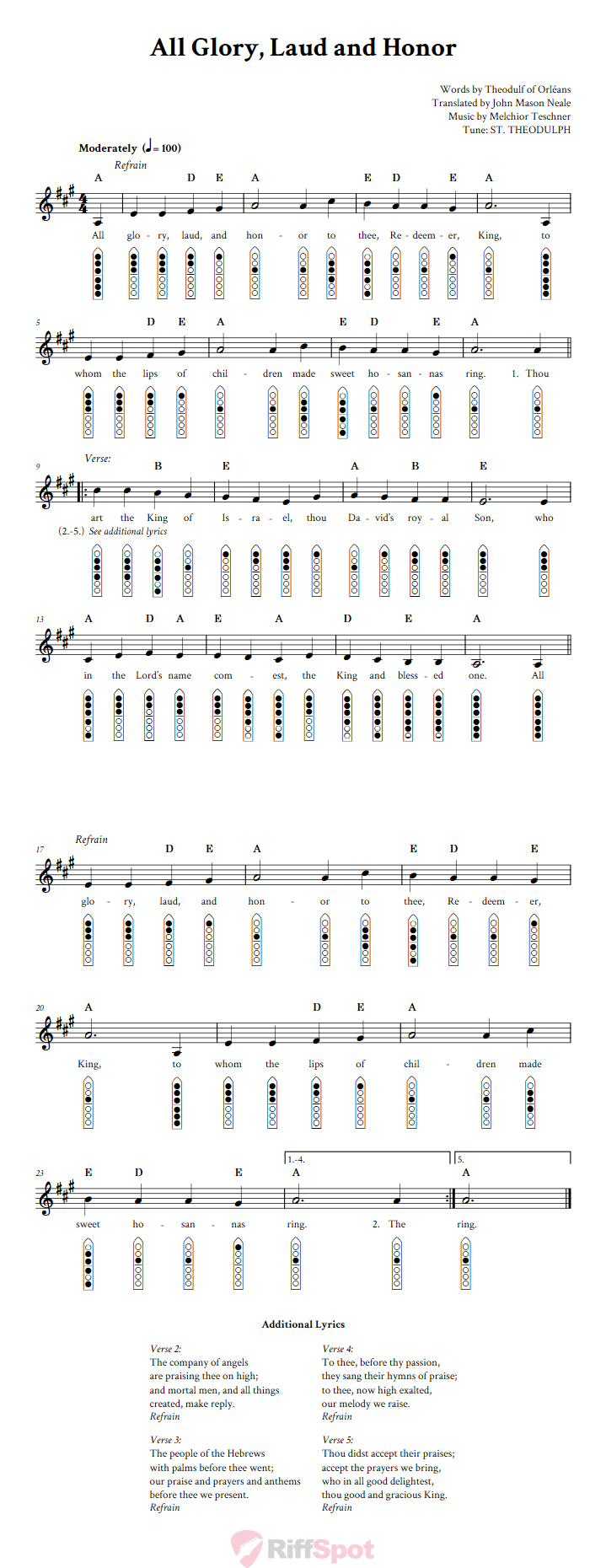 All Glory, Laud and Honor 6-Hole Native American Flute Sheet Music and Tab (Fingering Diagrams)